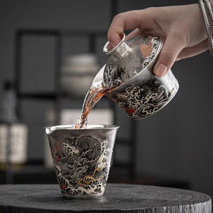 鱼化墨龙陶瓷鎏银公道杯中式复古功夫茶具送礼茶道配件分茶器茶海