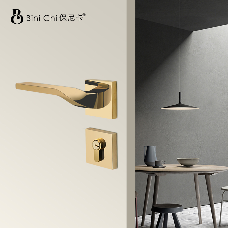 卧室实木轻奢金色分体门锁