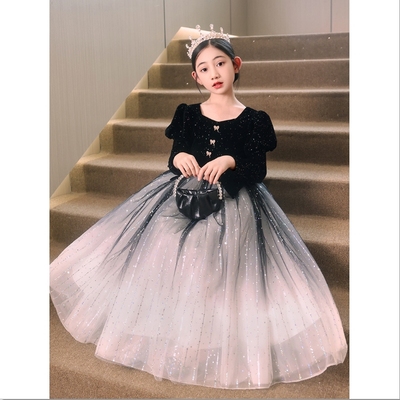 女童秋冬加绒黑色高端礼服公主裙