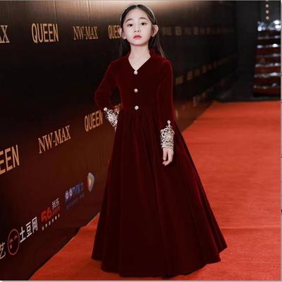 公主裙女童礼服高端主持人儿童红色花童婚礼小女孩钢琴演出服秋冬