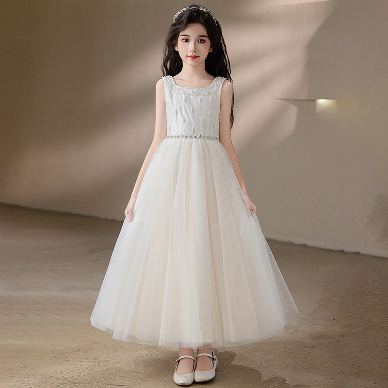 白色女童缎面礼服儿童演出服图片