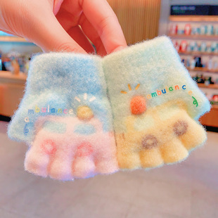 新款幼童半指手套挖掘机0-3岁宝宝冬季可爱五指防寒毛绒保暖手套