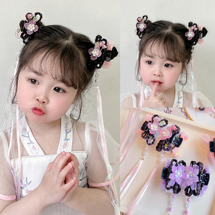 古风假发辫子头花朵发饰儿童汉服头饰中国风女童古装流苏发夹发卡