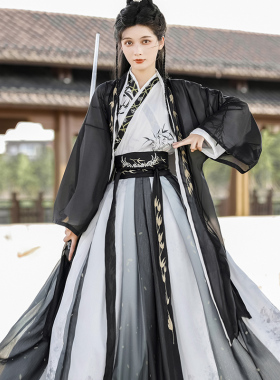 宋制汉服男女款成人女古装长褙子黑色中国武侠水墨风仙气飘飘春季