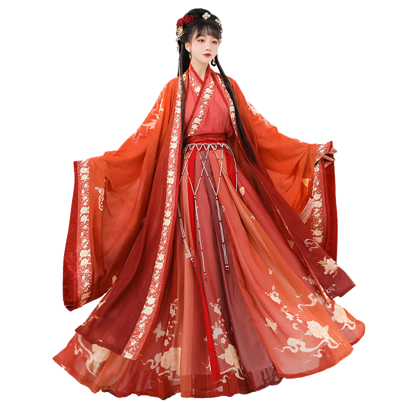 蝉佩新款原创风汉服女中国风宋制红色交领大袖衫古装齐腰襦裙春季