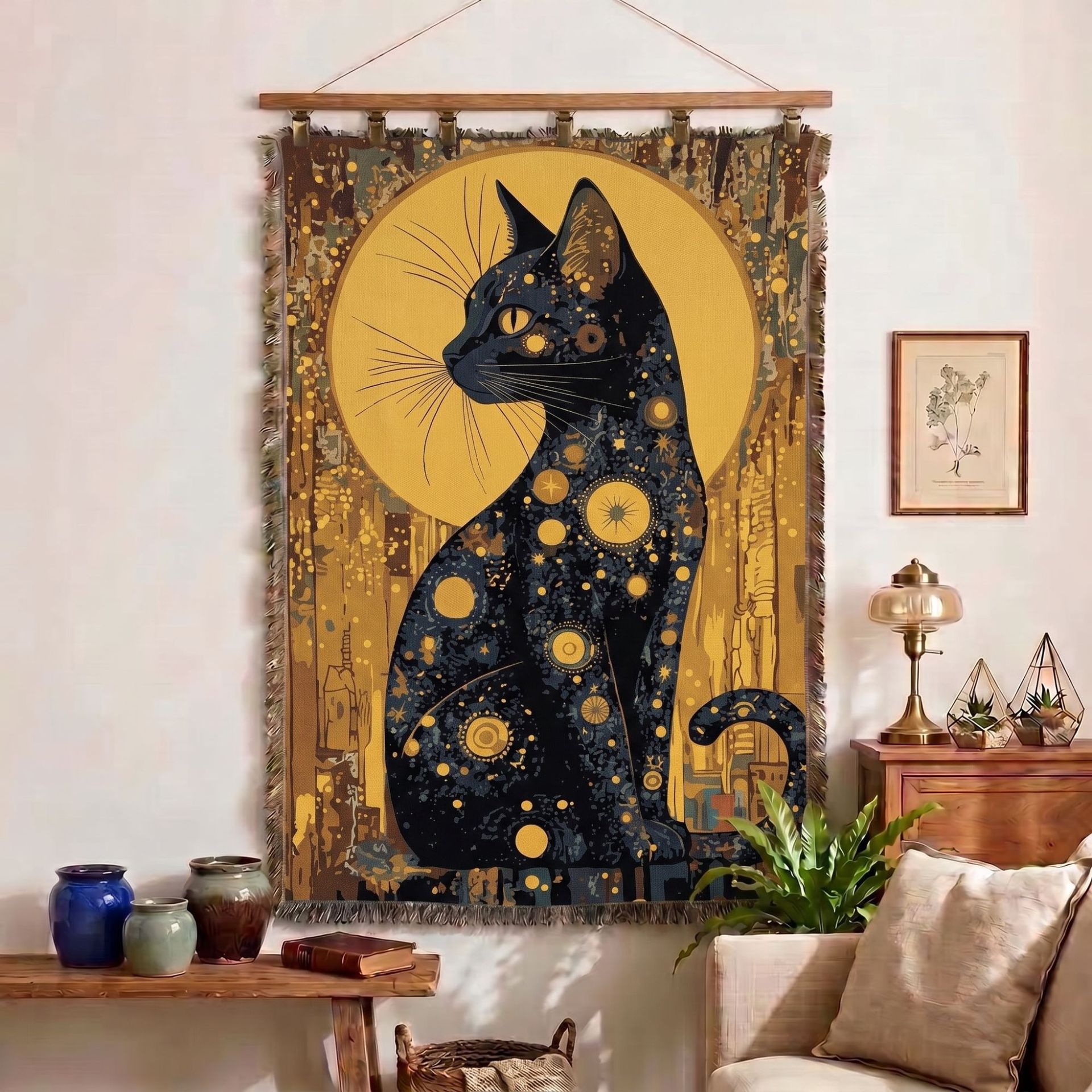 复古鎏金猫咪棉线流苏挂毯图片