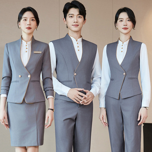 酒店前台接待工装女高端职业装马甲套装中式茶楼餐饮服务员工作服