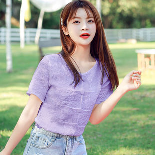 洋气雪纺短袖衬衫女夏季2022新款韩版超仙的甜美褶皱T恤小衫上衣