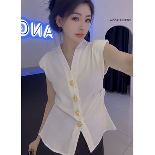 复古高级感V领短袖 女夏季 法式 衬衫 收腰上衣 新款 通勤高端洋气小衫