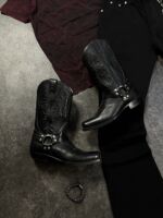 Wild West cowboy boots for both men and women, retro square-toed mid-calf boots with embroidered belts, vintage boots with thick heels and sleeves, cool thumbnail 3