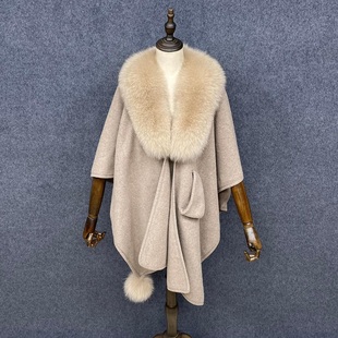 新款 真狐狸毛领皮草秋冬女仿羊绒斗篷宽松宴会气场百搭奢华大披肩
