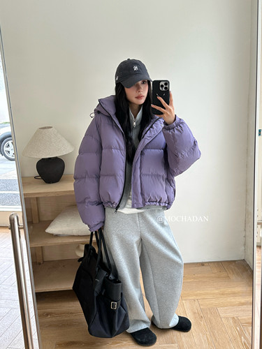 MOCHADAN韩系连帽羽绒服女2025冬季纯色加厚保暖白鸭绒面包服外套