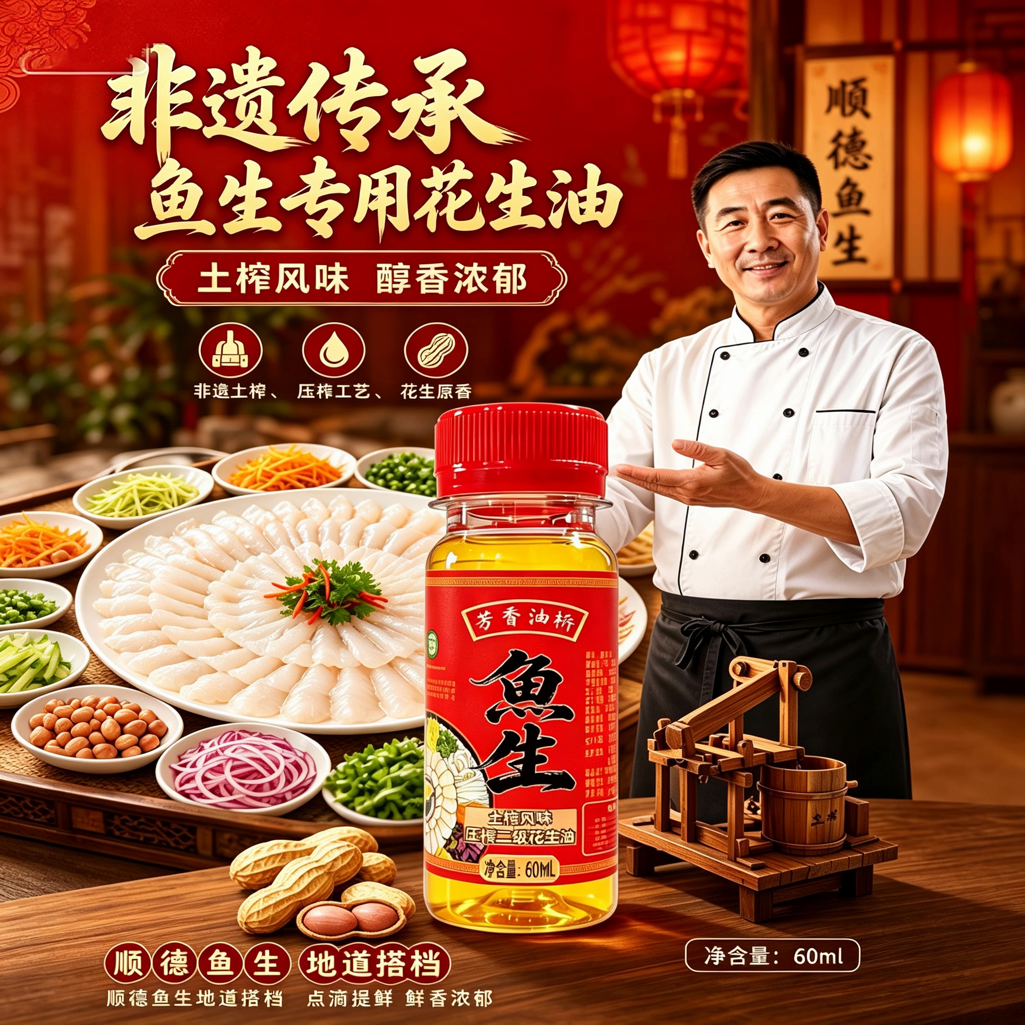 顺德鱼生花生油非遗传承工艺压榨花生油家庭商用广西土榨风味小瓶