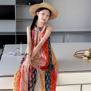 2025新款 女大童碎花连衣裙夏季 女孩波西米亚长裙海边度假吊带裙子