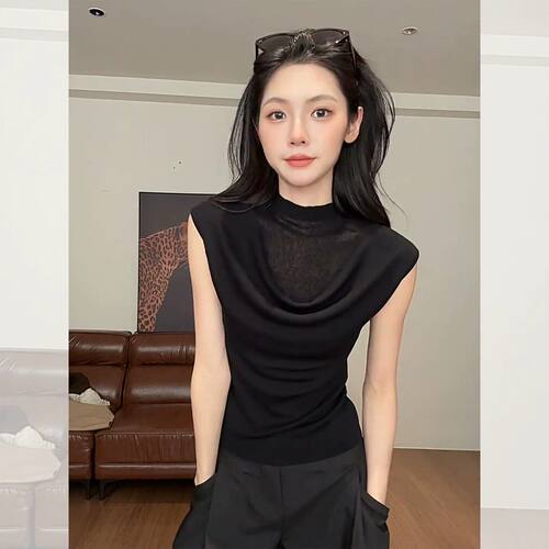 专柜法式黑色荡领假两件针织无袖T恤女高级感修身显瘦冰丝小上衣