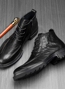 帕达索男士皮靴秋冬新款真皮高帮马丁靴厚底圆头商务工装靴220913