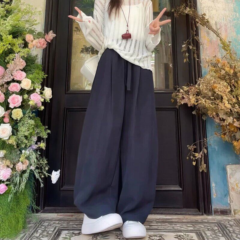 黑色亚麻弯刀裤女夏薄款2026新款垂感宽松慵懒风冰丝山本阔腿裤子