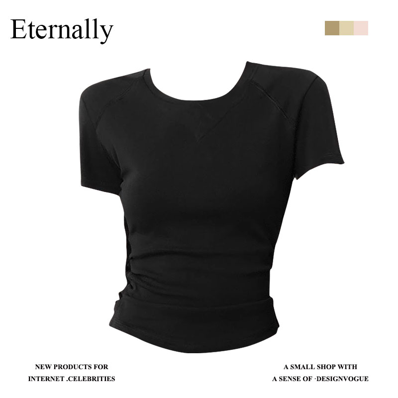 Eternally纯色圆领短袖T恤女夏季内搭正肩修身显瘦抽褶针织衫上衣