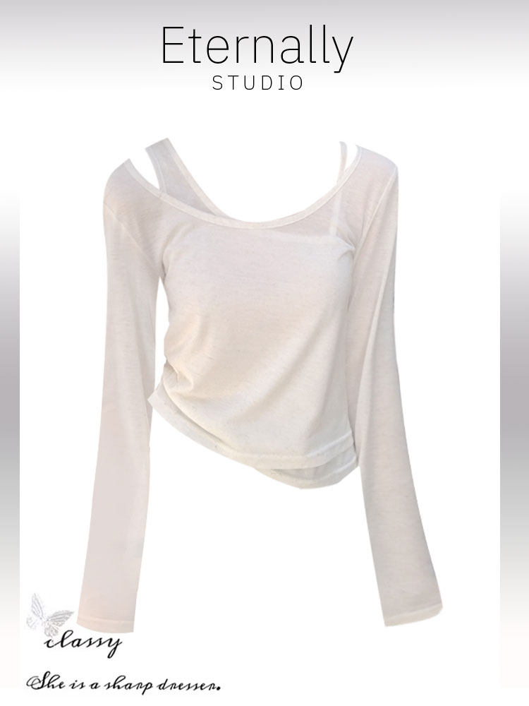 ETERNALLY MOVE 불규칙한 얇은 페이크 투피스 자외선 차단 여성용 긴팔 티셔츠 약간 반투명 슬림 핏 블라우스