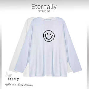 Eternally move 笑脸印花后开叉休闲印花百搭雪花天丝打底长袖T恤