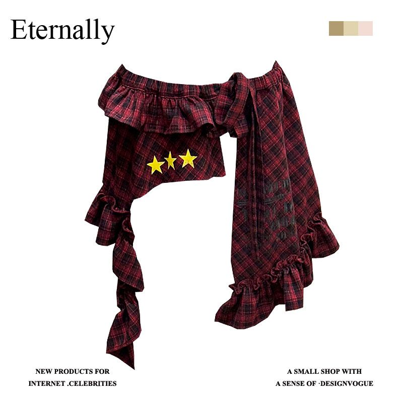 Eternally 【现货】格纹短裙高腰半身裙印花围兜花边裙春夏撞色