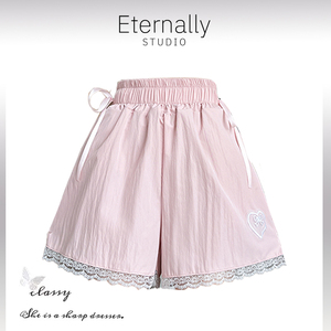 Eternally move 运动短裤拼接蕾丝花边蝴蝶结松紧腰高腰休闲裤女