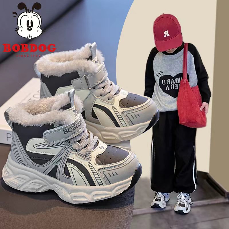 巴布豆2025男童运动风大棉雪地靴防风防水女童中高帮加绒运动鞋