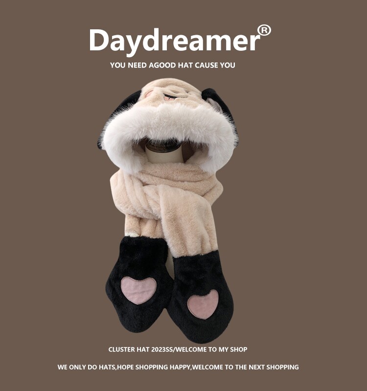 귀가 움직이는 귀여운 강아지 플러시 모자 스카프와 장갑 일체형 여성용 겨울 따뜻한 귀 보호 장치 방한 레이펑 모자