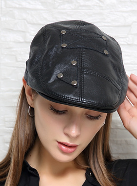 羊皮帽子女鸭舌帽秋冬百搭时尚英伦贝雷帽真皮前进帽韩版鸭嘴帽