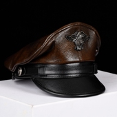 德式 复古哈雷机车骑行帽子男秋冬英伦中老年人船长帽牛皮贝雷帽