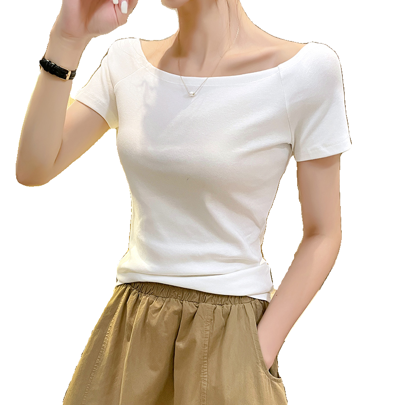 白色一字肩短袖t恤女2025年夏季新款设计感露肩半袖体恤上衣