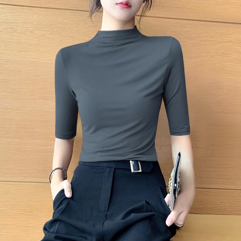 铁灰色半高领中袖t恤女莫代尔紧身打底衫秋季新款五分袖修身上衣,女装/女士精品,T恤,淘宝优惠券,粉丝福利购,淘宝优惠卷