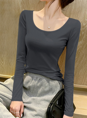 烟灰色低领打底衫女内搭长袖2025年秋冬新款纯棉百搭圆领紧身上衣