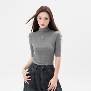 螺纹半高领中袖t恤女2026春秋冬新款修身百搭时尚短款五分袖上衣
