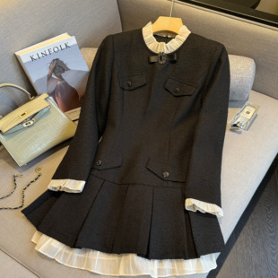 赫本风毛呢连衣裙女秋冬季新款高级感西装小个子洋气收腰风裙子