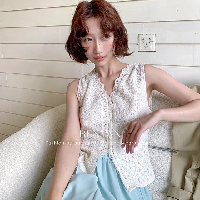 梵妮Fanny 法式甜美蕾丝马甲打底衫v领镂空系带收腰背心女秋季新