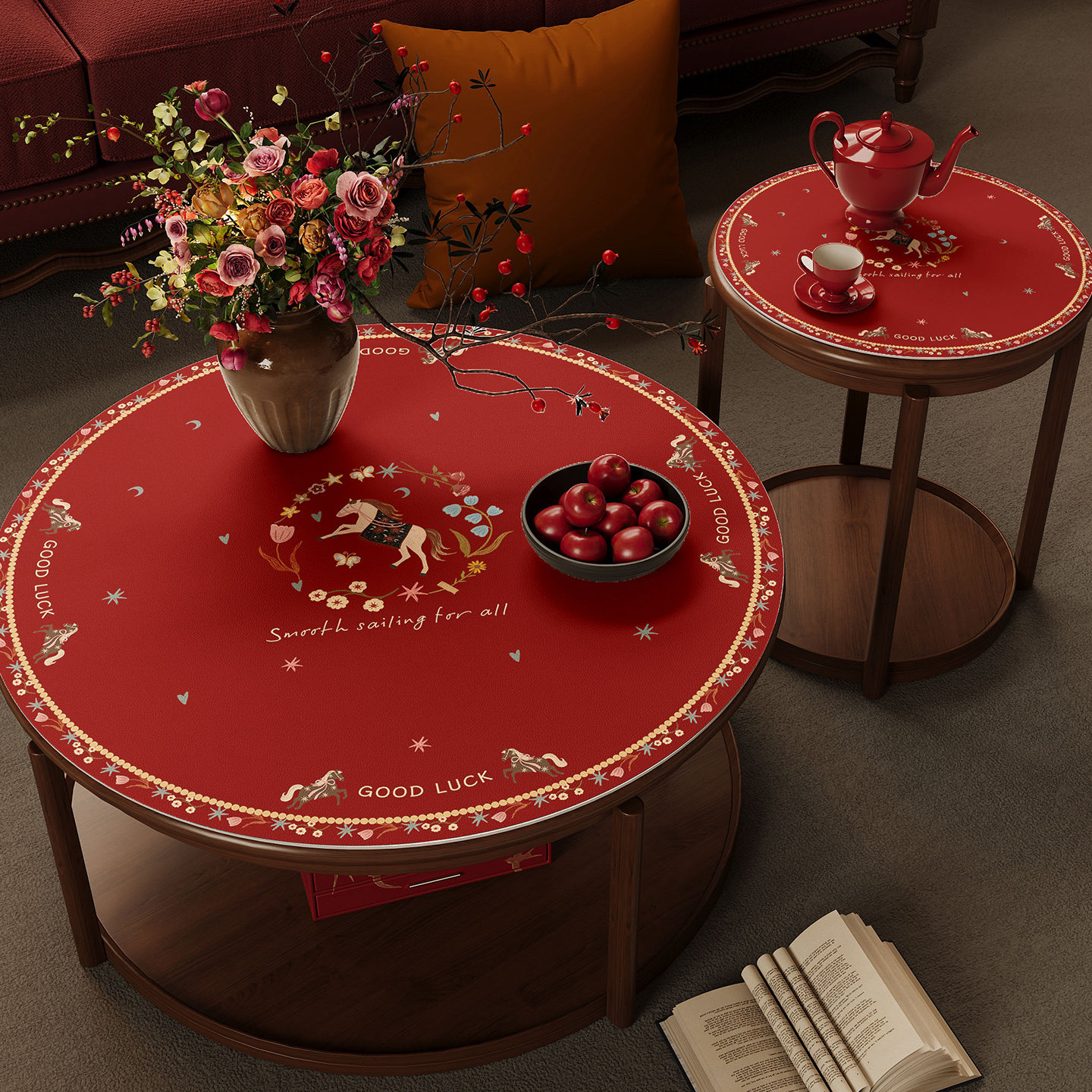 新年复古氛围感圆桌垫防水防油高级感桌面保护垫马年圆形茶几桌布,居家布艺,茶几垫,淘宝优惠券,粉丝福利购,淘宝优惠卷