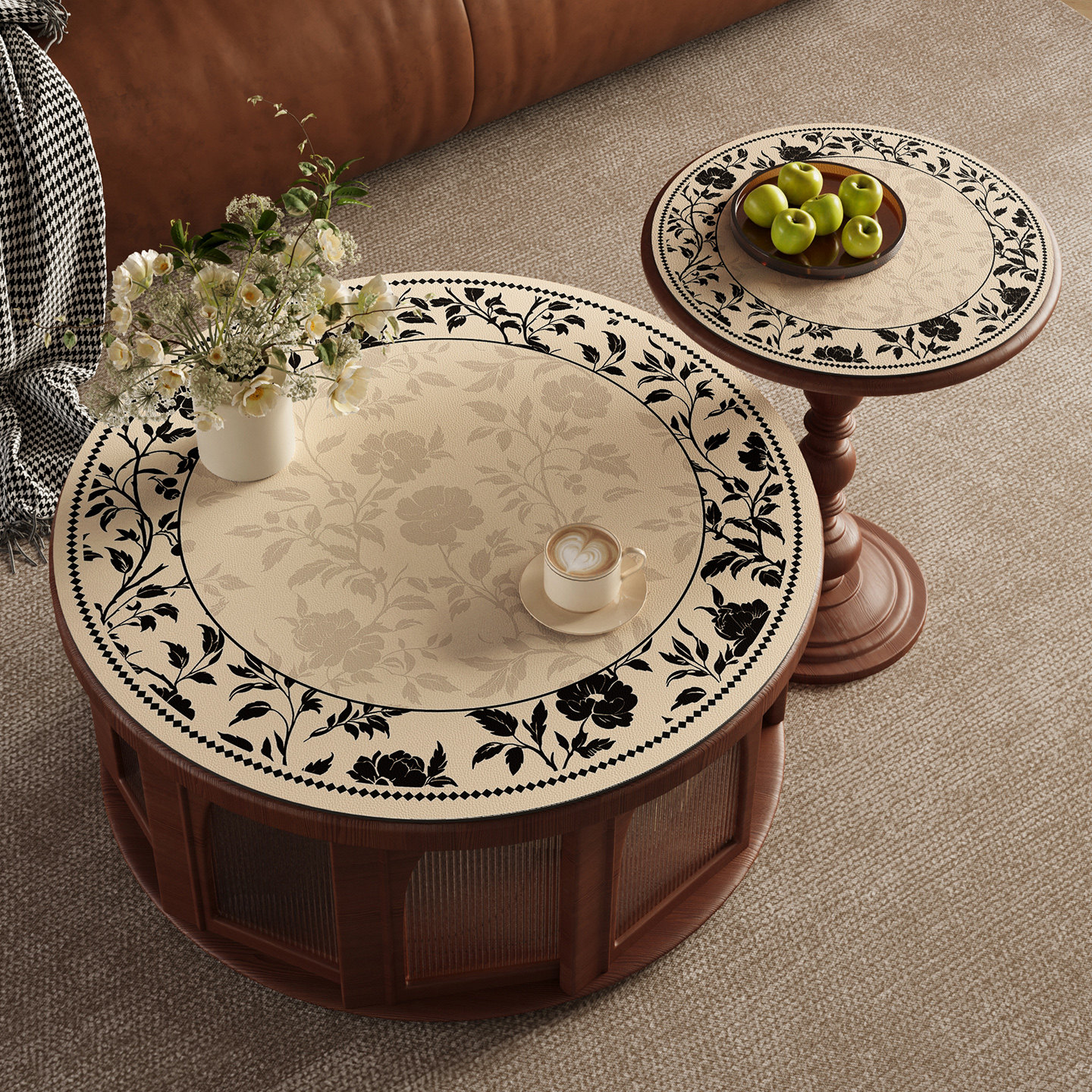 中古风圆桌桌垫小茶几桌布防水防油免洗高级感圆形边几台面保护垫,居家布艺,桌布,淘宝优惠券,粉丝福利购,淘宝优惠卷