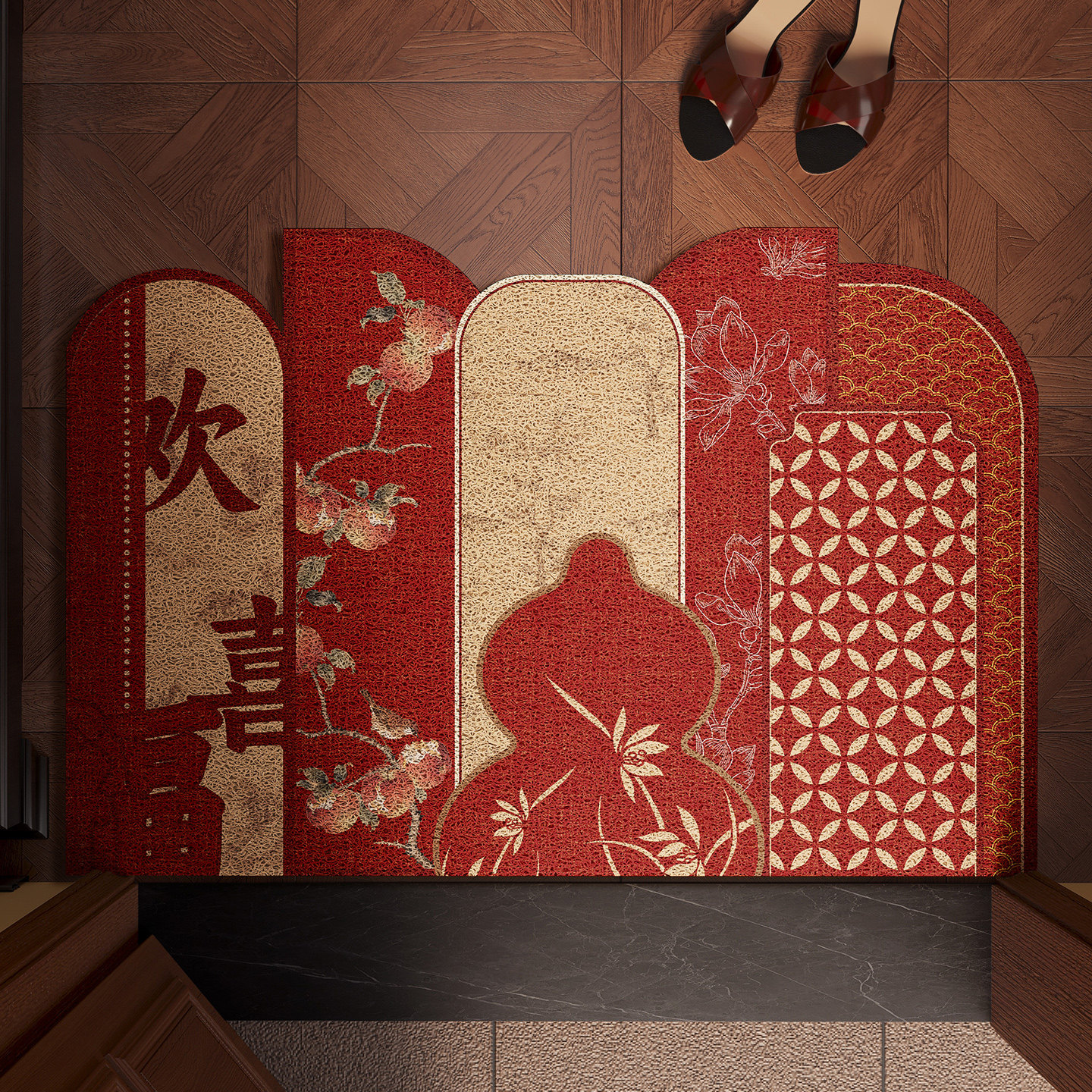 新中式红色喜庆入户门地垫pvc皮革家用脚垫可擦免洗进门门口地毯,居家布艺,入户地垫,淘宝优惠券,粉丝福利购,淘宝优惠卷
