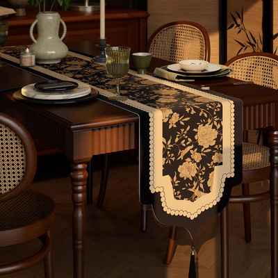 中古风餐桌桌旗轻奢高端长条茶席茶桌垫布餐边柜防水桌布茶几茶旗