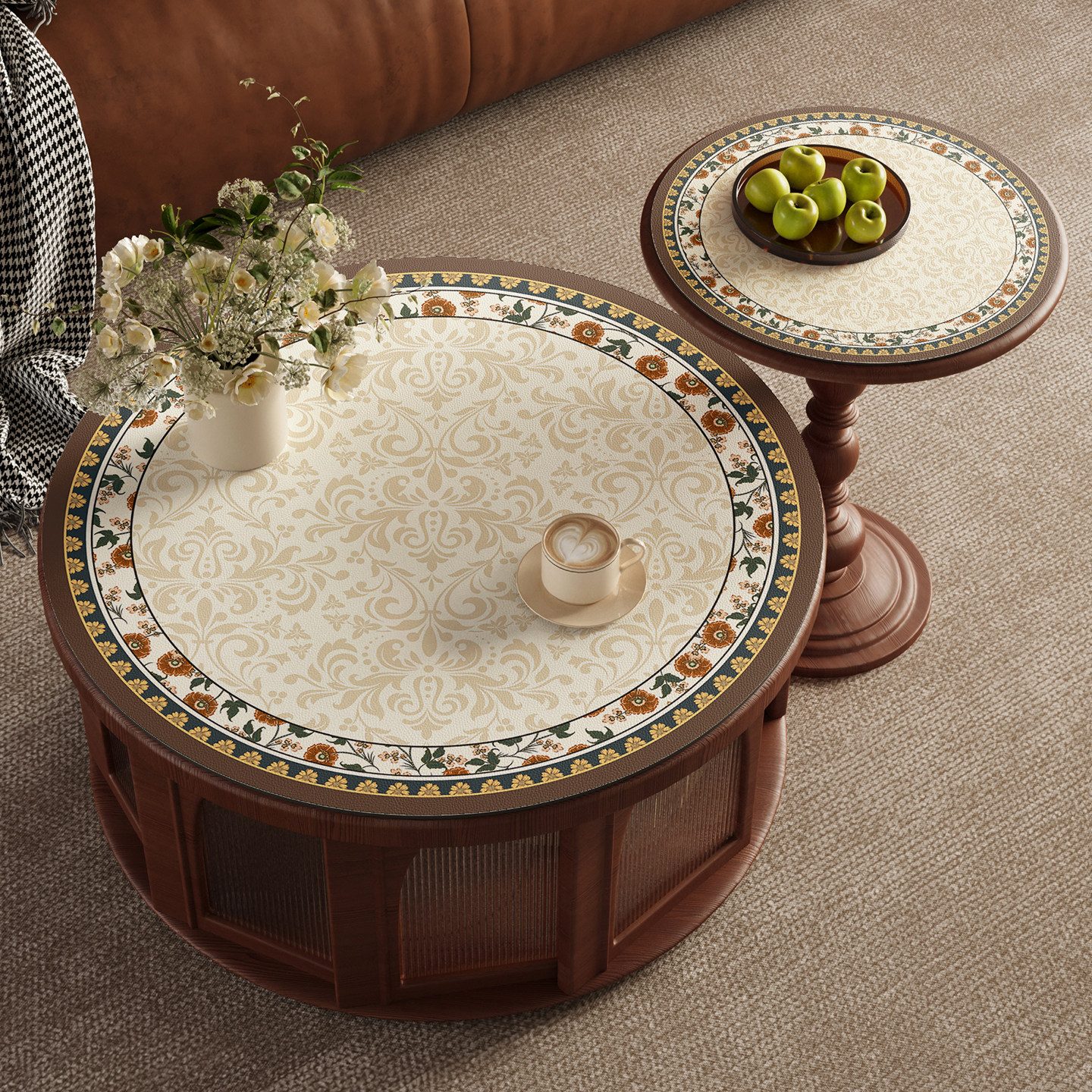 美式圆桌桌垫小茶几桌布防水防油免洗高级感圆形边几台面保护垫