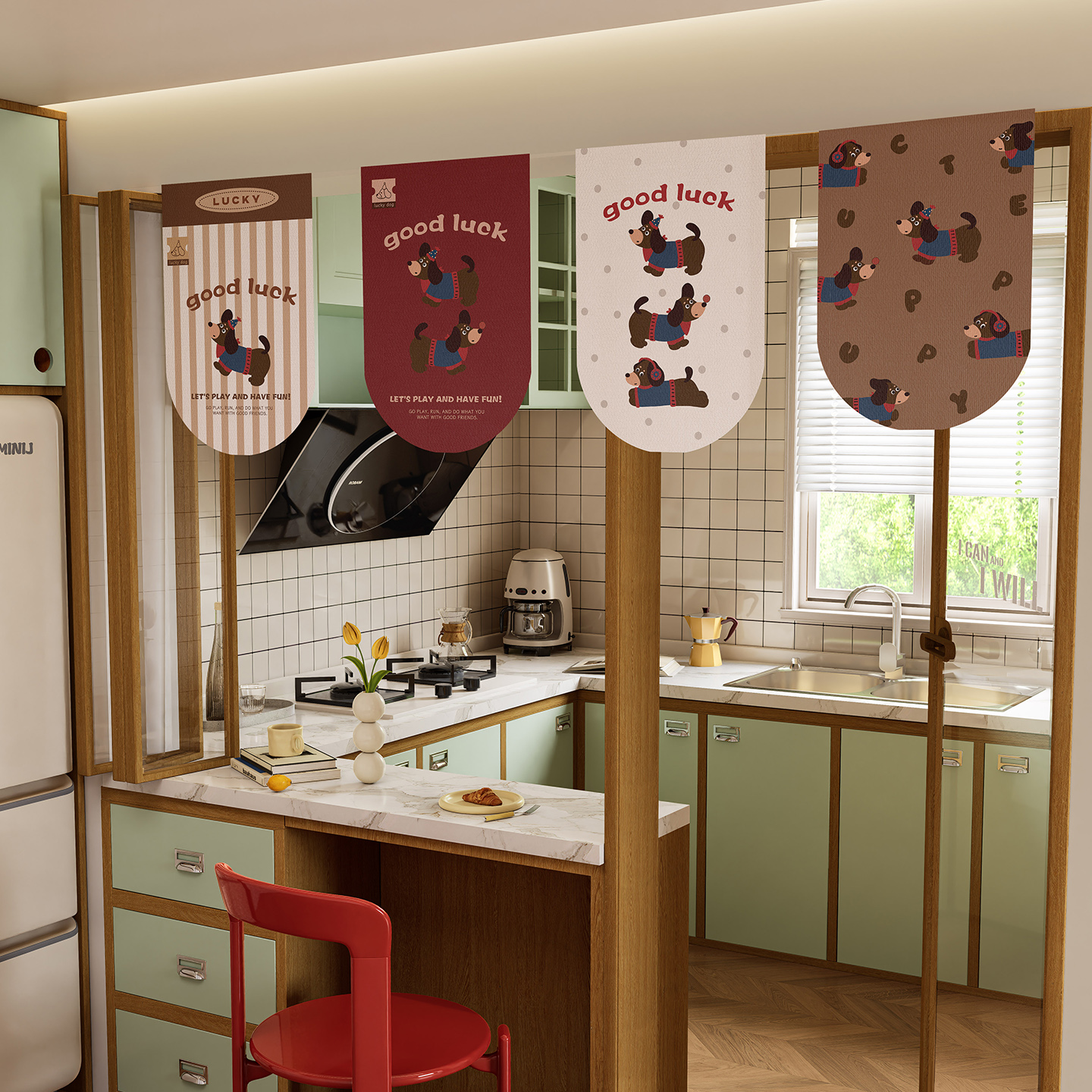 卡通创意门帘吊旗短帘厨房装饰半帘遮挡布帘魔术贴玄关门帘隔断帘