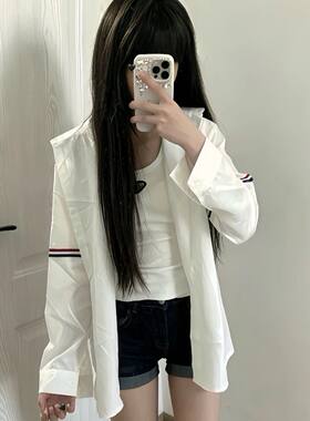 美式休闲慵懒风白色长袖衬衫女2026新款宽松百搭条纹外套上衣