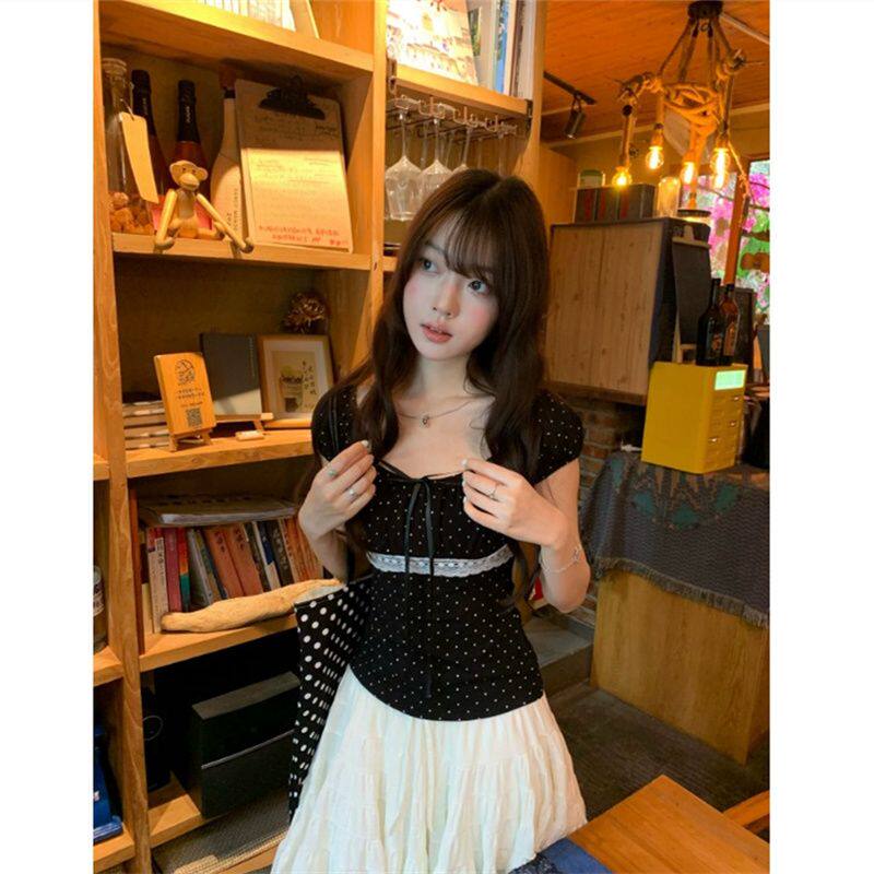 黑色波点蕾丝蝴蝶结方领短袖T恤女夏季小个子修身短款泡泡袖上衣