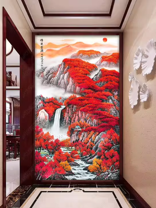 鸿运当头装饰画5d立体国画山水玄关背景墙壁纸走廊过道墙贴纸墙布