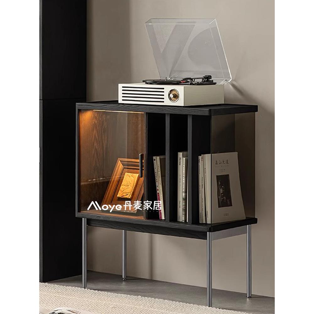 北欧实木黑胶唱片机柜杂志柜落地书柜沙发电视边柜cd架置物架矮柜