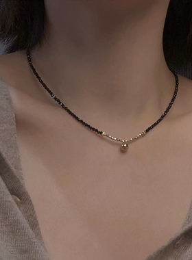 简约高级黑尖晶石锁骨链美产14k包金精致百搭小金球吊坠项链配饰