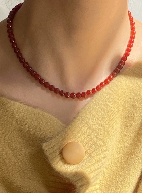 新中式复古红色系列天然红玛瑙项链小众秋冬叠戴S925纯银项链