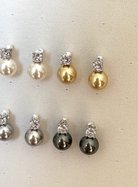 简约通体纯银闪钻真多麻大溪地香槟金银灰白四色耳钉戴妃款