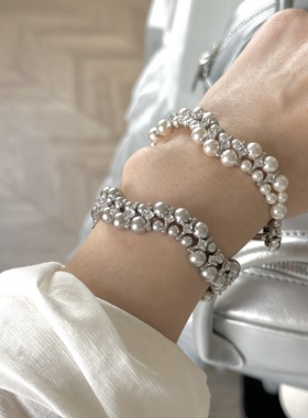 重工皓石隔片手链灰白色人造珍珠轻奢双层波浪式小众设计